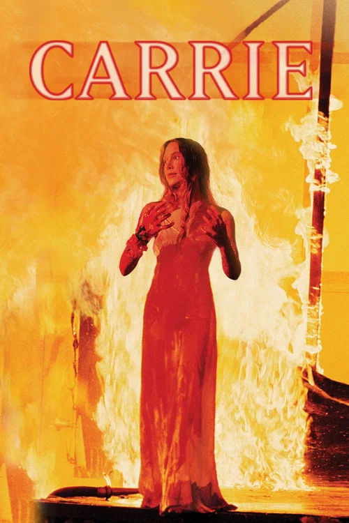The poster features a mysterious figure in a dark, flowing dress against a fiery orange backdrop, with the title "Carrie" prominently displayed in bold, white letters. The ominous atmosphere and dramatic lighting create a suspenseful and eerie mood.