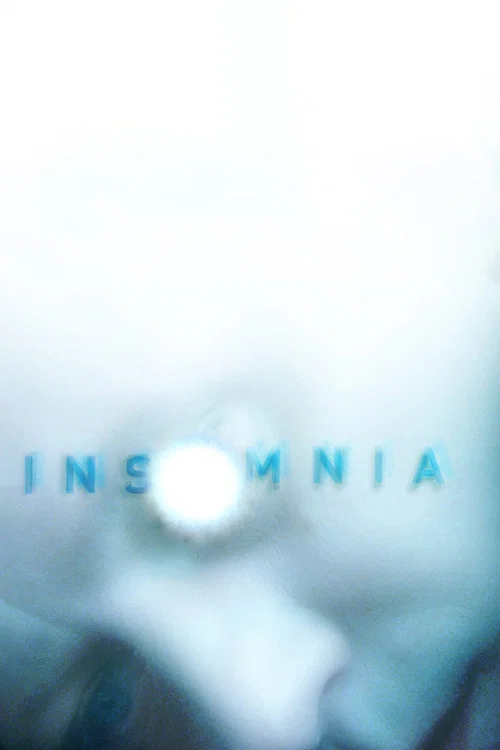 A haunting black-and-white poster captures two figures walking through a snow-covered landscape, evoking a sense of isolation and unease. The stark contrast between the dark silhouettes and the bright snow enhances the eerie mood, while the title "INSOMNIA" at the bottom reinforces the film's the...