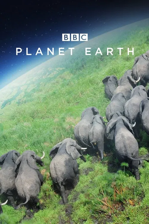 The poster features a serene landscape with a herd of elephants on a grassy hill, evoking a sense of natural wonder. The BBC logo and title "Planet Earth" are prominently displayed, emphasizing the documentary's focus on Earth's diverse ecosystems.