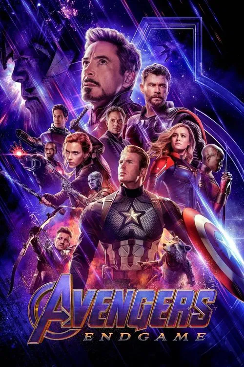 The poster features a dramatic lineup of Marvel superheroes, with Captain America prominently displayed in his iconic suit. The background is filled with vibrant purple and blue hues, creating a mystical and epic atmosphere. The overall mood is one of anticipation and heroism, capturing the essen...