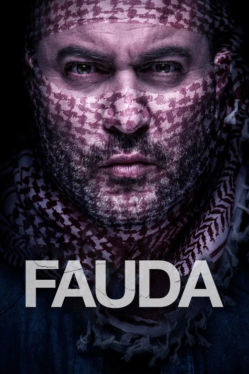 The poster features a dark, moody scene with a bald man and a woman in black leather, exuding a mysterious and intense atmosphere. The bold white text "FAUDA" dominates the foreground, while the Netflix logo subtly appears in the top left corner. The overall composition suggests a thrilling, acti...
