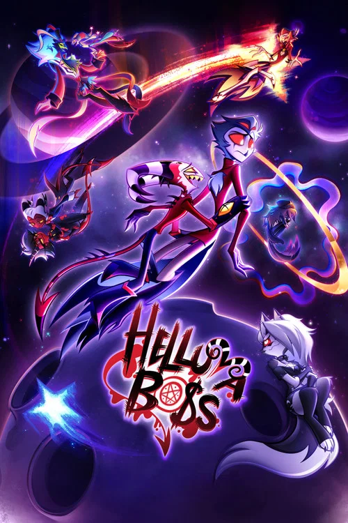 This vibrant poster for "Helluva Boss" features a dynamic scene with a central figure surrounded by swirling red energy and glowing effects. The artwork captures the intense, action-packed atmosphere of the show, with bold colors and dramatic poses that convey excitement and energy.