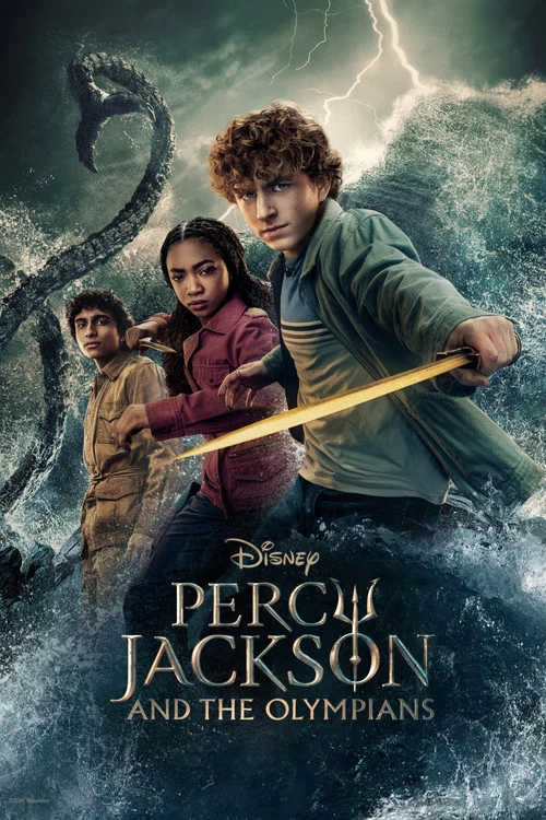 The poster features Percy Jackson, a determined young man with curly hair, leading a group of friends in a dramatic scene. The vibrant colors of the characters' clothing contrast against the stormy, dark background. The mood is adventurous and epic, capturing the excitement of the upcoming story.
