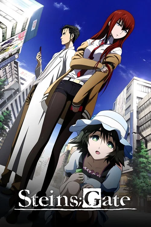 The poster features three characters in a dramatic, atmospheric scene with warm and cool tones. The central figure stands confidently while others loom behind, creating a sense of mystery and tension. The title "Steins;Gate" is prominently displayed at the bottom, anchoring the visual narrative.