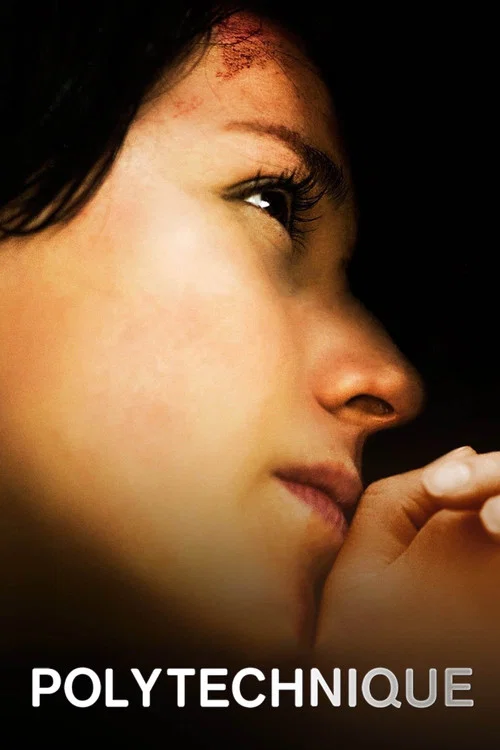 The poster features a close-up of a woman's face, her hand resting near her mouth, with a bruised forehead. The warm, moody lighting casts shadows across her features, creating an intimate and mysterious atmosphere. The bold, white text "POLYTECHNIQUE" stands out against the dark background, emph...