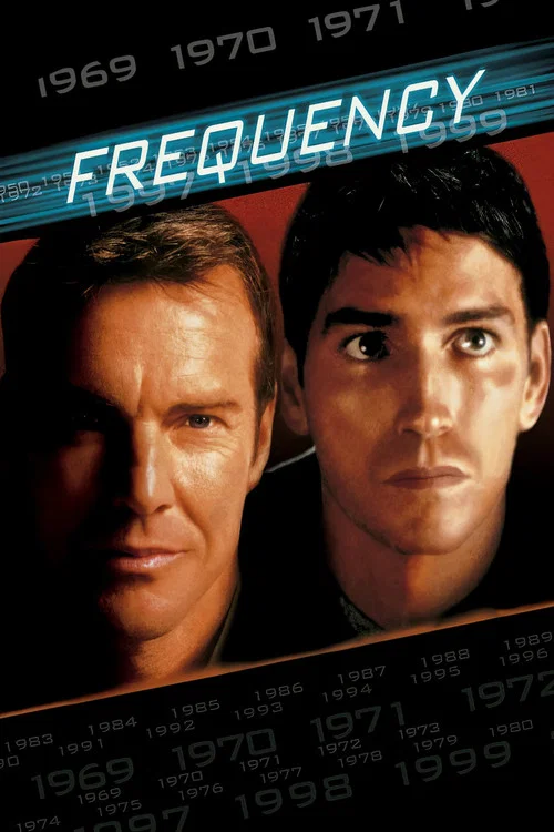 The poster features a silhouette of a person standing on a dark horizon, illuminated by beams of light from above. The colors are predominantly blue and green, creating a mysterious and ethereal atmosphere. The title "FREQUENCY" is prominently displayed at the bottom in bold white letters.