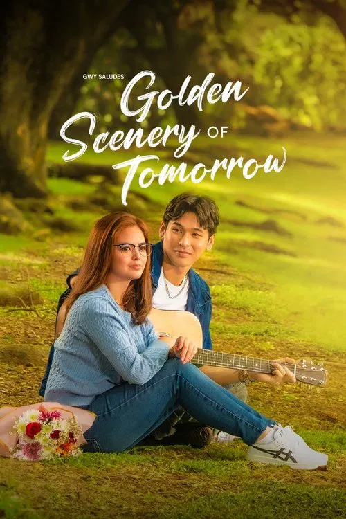 A couple sits on a grassy hill, bathed in warm sunlight. The woman wears a blue sweater and jeans, while the man dons a white shirt and blue jacket. Their expressions convey happiness and anticipation. The poster captures a serene, dreamy atmosphere with lush greenery and golden hues.
