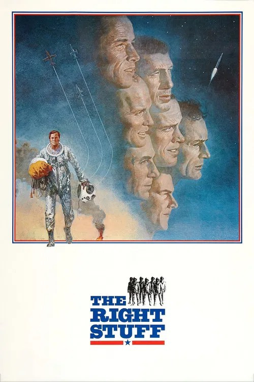 The poster features six astronauts in matching spacesuits standing in a line, exuding a sense of camaraderie and adventure. Bold blue text with a red stripe and star adds a patriotic flair, while the monochrome image contrasts sharply with the vibrant colors. The mood is one of excitement and nat...