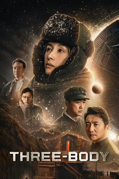 The poster features a dramatic scene with a woman in a fur hat at the top, surrounded by four other characters in period clothing against a cosmic backdrop. The warm golden lighting contrasts with the dark, starry sky, creating an atmospheric and mysterious mood. The title "Three-Body" is promine...