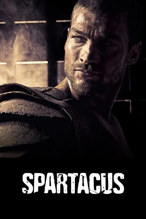 The poster features a muscular man with a rugged, intense expression, set against a dark, gritty background with hints of smoke. The bold, distressed white title "SPARTACUS" dominates the bottom, emphasizing the show's raw, historical drama.