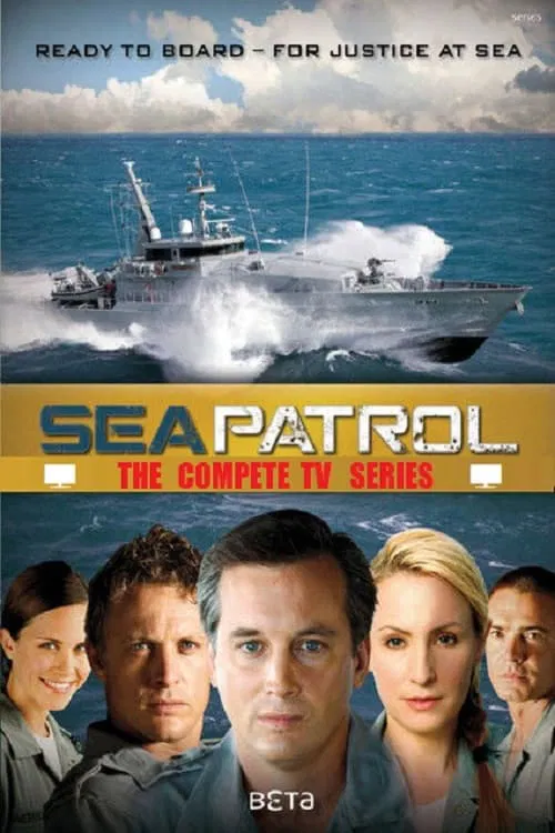 This TV poster for "Sea Patrol" features a dramatic naval scene with a ship battling waves, evoking action and adventure. The color palette of blues and grays sets a serious tone, while the cast members' expressions convey determination and resolve. The poster suggests a thrilling maritime drama ...