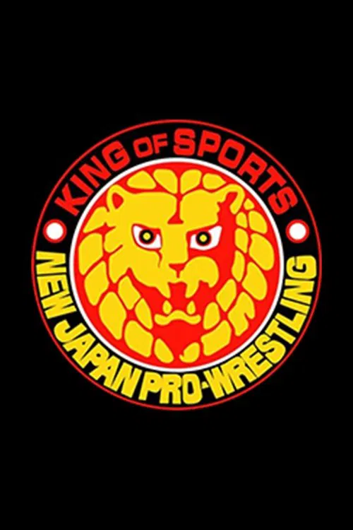 The poster features a fierce lion head with intense eyes, symbolizing strength and aggression. The bold red and yellow colors create a dynamic and energetic atmosphere, while the text "King of Sports" and "New Japan Pro Wrestling" frame the image, emphasizing the show's prestige and popularity.