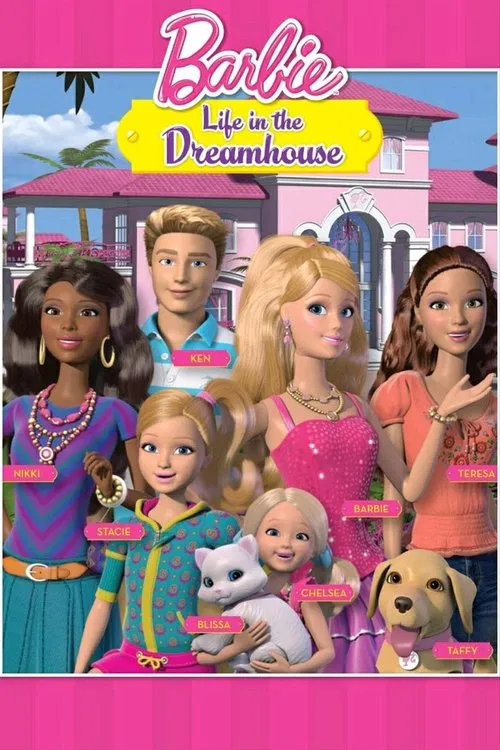 The poster features Barbie dolls in vibrant pink and blue outfits, surrounded by colorful accessories and playful poses. The cheerful, dreamy atmosphere is enhanced by bright pink and yellow tones, evoking a whimsical, joyful mood.