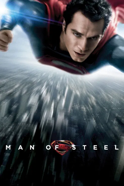 The poster features a powerful Superman-like figure in a dynamic pose, with a red cape flowing dramatically against a dark, moody background. The intense expression and glowing blue energy suggest an epic, heroic tone.