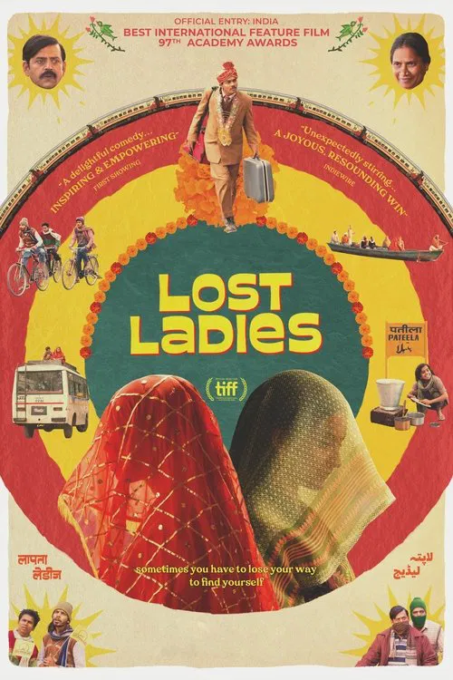 This vibrant poster features a central figure in a red outfit, surrounded by colorful illustrations of women and a ship. The warm yellow and red hues create a nostalgic, adventurous mood, capturing the essence of a classic film with its dynamic composition and rich color palette.