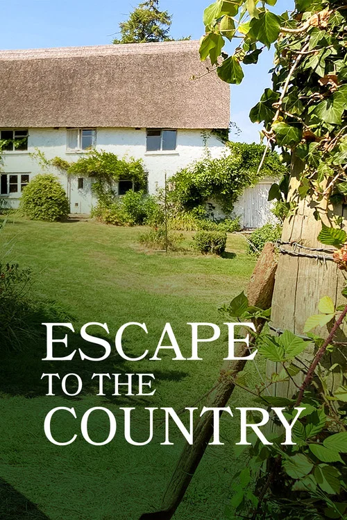 The poster features a serene countryside scene with a charming white house nestled among lush greenery and a tranquil pond reflecting the sky. The warm, inviting colors evoke a peaceful, nostalgic mood, suggesting an escape to rural tranquility.