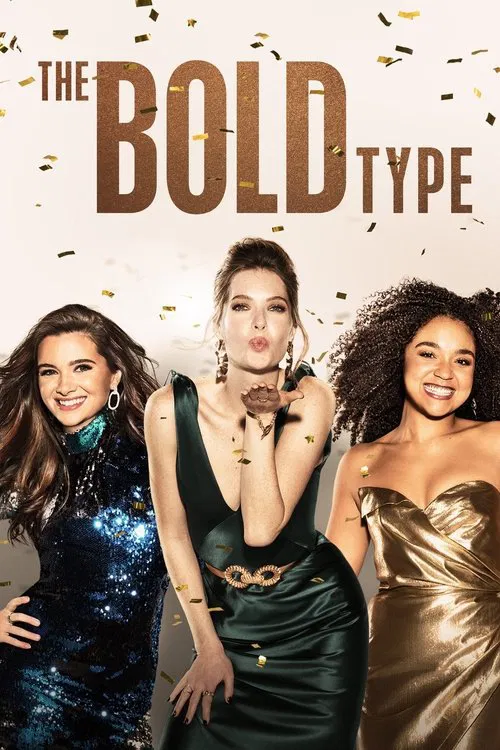 The poster features three stylish women in glamorous dresses, exuding confidence and glamour. The dark green dress of the central figure stands out against the vibrant gold and blue tones. Confetti adds to the celebratory mood, suggesting a fun and exciting show.