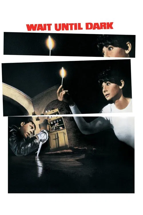 The poster features a dark, moody atmosphere with a woman holding a lantern, while a man looks on with concern. The red title "WAIT UNTIL DARK" stands out against the black background, creating a suspenseful and eerie mood.