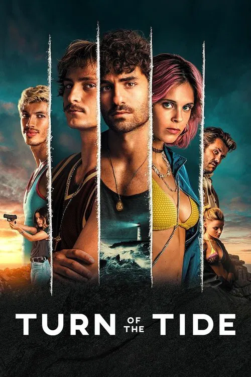 The poster features a dramatic scene with four characters standing against a sunset backdrop, evoking a sense of mystery and romance. The warm tones of the sky contrast with the cool blues of the water, creating a visually striking composition. The title "Turn of the Tide" is prominently displaye...