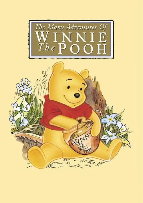 The poster features Winnie the Pooh, Tigger, and Rabbit in a joyful outdoor scene with a playful, sunny mood. The warm orange and yellow tones evoke a cheerful, nostalgic atmosphere.