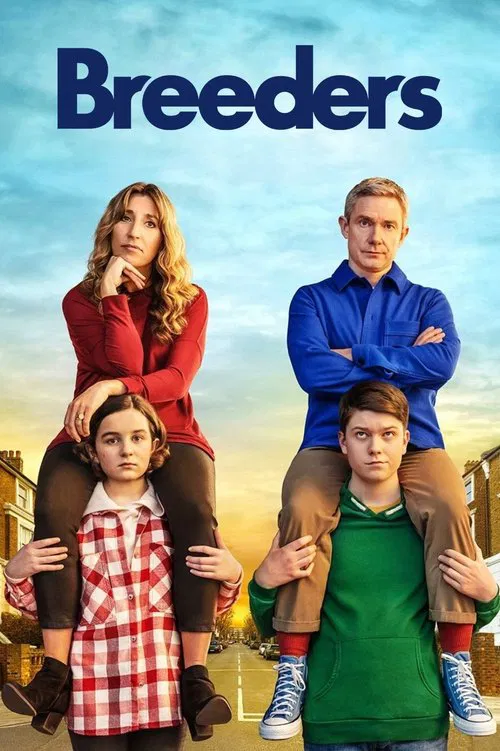 The poster features four characters in a vibrant outdoor setting, with warm sunlight casting soft shadows. The red sweater girl, blue shirt man, and green shirt boy stand prominently in the foreground, while the girl in the red and white checkered dress sits behind them. The composition conveys a...