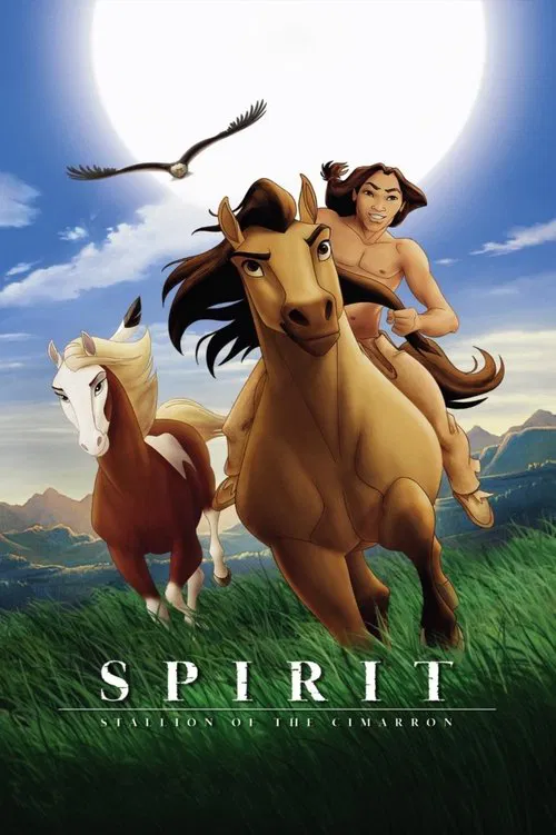 A woman rides a golden horse with a cowboy hat, while a brown horse and a white horse fly in the background under a bright moon. The scene exudes a sense of adventure and freedom.