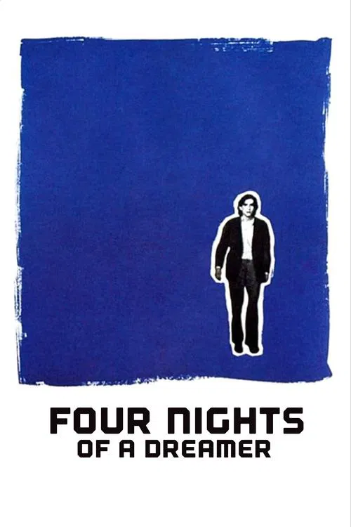 The poster features a solitary figure in a dark suit against a deep blue background, evoking mystery and solitude. The stark white silhouette contrasts sharply with the rich blue, creating a moody atmosphere that suggests a dreamlike or suspenseful narrative.
