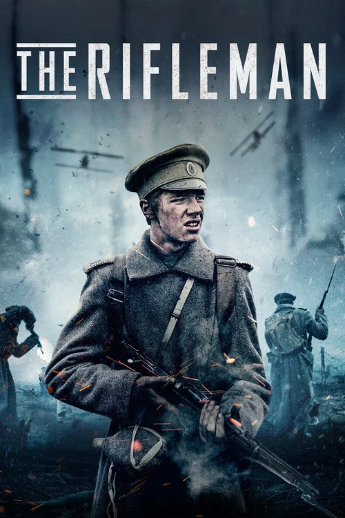 The poster features a lone soldier in a trench coat, silhouetted against a dramatic sky filled with swirling clouds and a helicopter in the distance. The muted red and blue tones evoke a sense of mystery and tension, while the tall grassy foreground adds to the gritty atmosphere.