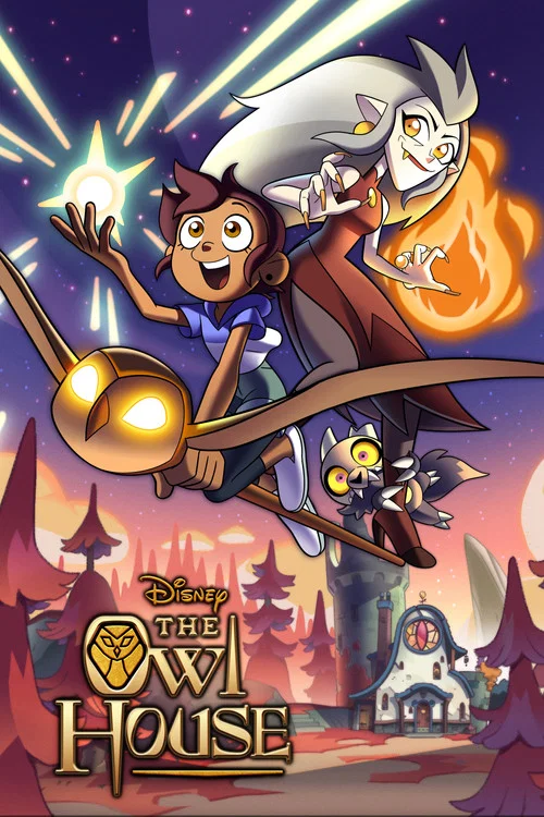 The Owl House poster features a mysterious, darkly lit scene with a central character in a brown coat and hat surrounded by shadowy figures. A bright, glowing orb emanates from the ground, casting eerie light. The overall mood is eerie and suspenseful, with deep purples and blacks dominating the ...