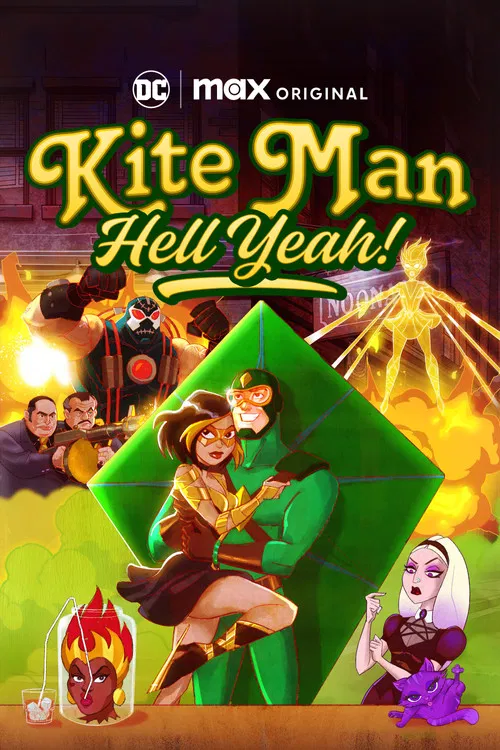The poster features a vibrant scene with a central figure in a green outfit, surrounded by colorful characters in various poses. The background is filled with warm, glowing hues of orange and yellow, creating an energetic and mystical atmosphere. The title "Kite Man Hell Yeah!" is prominently dis...