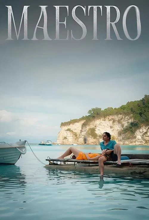 A man in a blue shirt sits on a wooden raft in turquoise waters, surrounded by lush green cliffs under a soft, hazy sky. The serene, idyllic atmosphere evokes a sense of peaceful travel and escape.