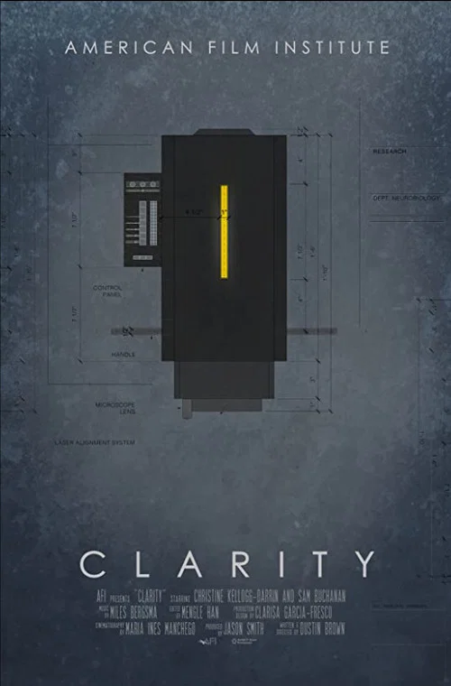 The poster features a minimalist design with a dark, textured background and a central black rectangular shape. The title "CLARITY" is prominently displayed in bold, white letters at the bottom. The overall mood is mysterious and cinematic, evoking a sense of intrigue and suspense.