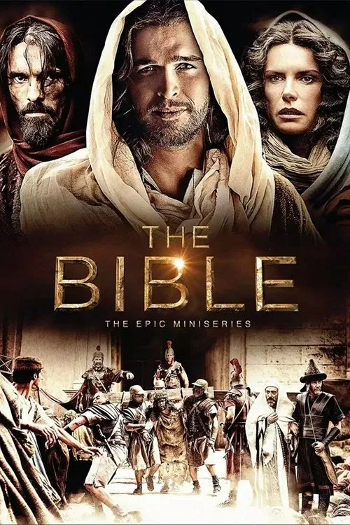 The poster features a dramatic, sepia-toned scene with three central figures—two men in hooded robes and a woman with a contemplative expression—against a backdrop of ancient figures in a dusty, historical setting. The warm, golden lighting evokes a sense of mystery and epic storytelling, while t...