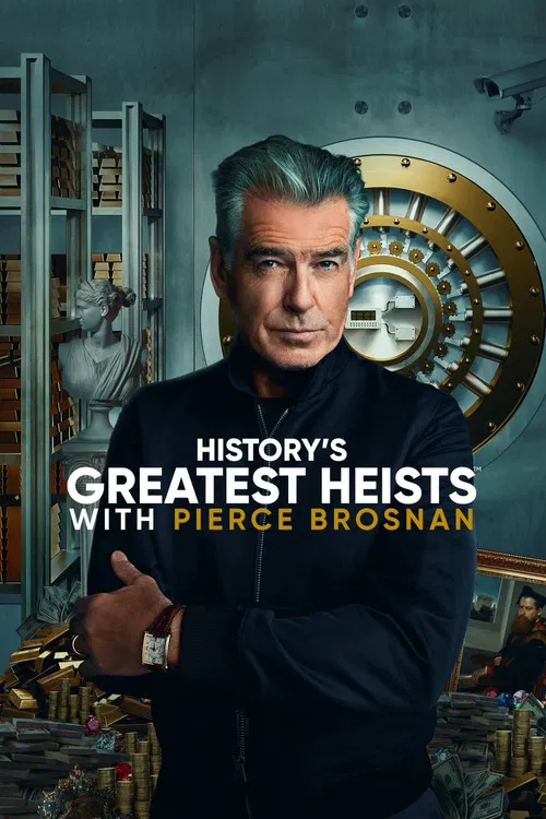Pierce Brosnan stands confidently in a dark suit against a backdrop of gleaming gold and metallic tones, exuding mystery and authority. The poster's rich colors and dramatic lighting evoke a sense of historical intrigue, suggesting a thrilling narrative filled with suspense and action.