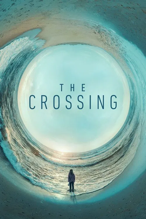 The poster features a solitary figure standing on a sandy beach, framed by a vast, swirling ocean wave that creates a surreal tunnel effect. The cool blues and whites evoke a sense of mystery and introspection, while the minimalist design emphasizes the emotional depth of the story.