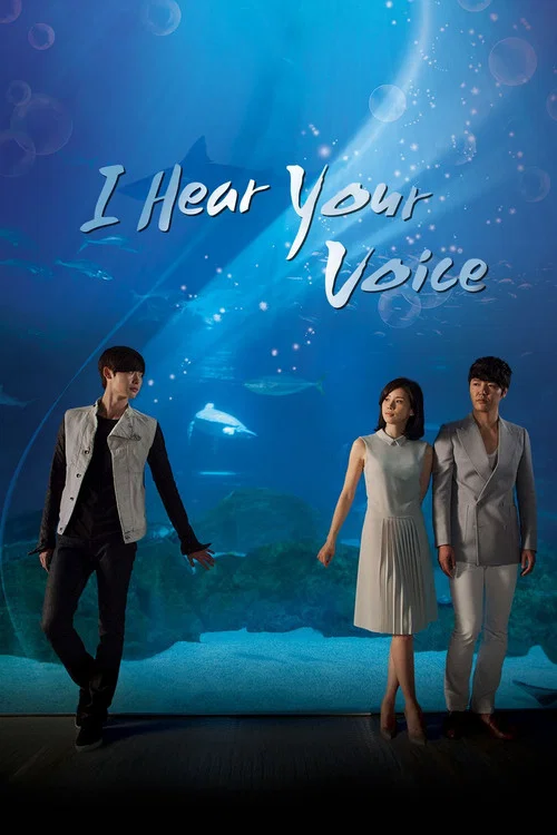 The poster features three young men and women in casual attire, with a warm, soft color palette of blues, whites, and soft browns. The mood is intimate and nostalgic, capturing a moment of connection between the characters. The title "I Hear Your Voice" is elegantly written in white script at the...