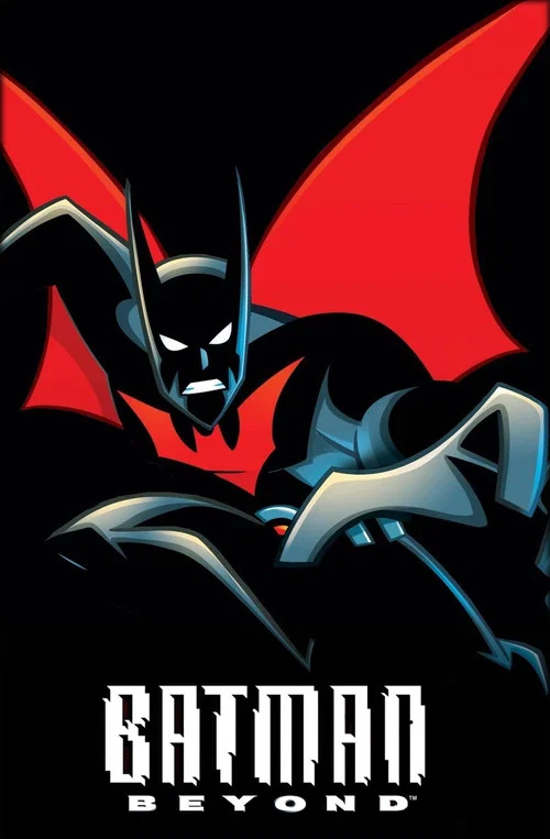 The poster features Batman Beyond in a dynamic pose against a vibrant purple and red background. The character's sleek black suit contrasts sharply with the bold, comic-style typography. The mood is intense and action-oriented, capturing the essence of the superhero's heroic spirit.