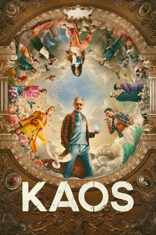 This poster features a central figure in a blue robe surrounded by fantastical beings in vibrant colors—reds, greens, and golds—against a dreamy sky. The ornate, golden border suggests an epic fantasy or mythological theme, evoking wonder and adventure.