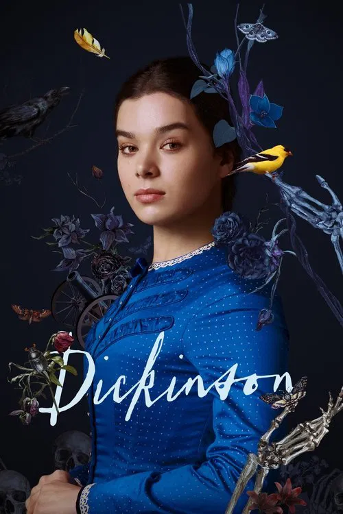 The poster features a woman in a blue dress against a dark background, surrounded by ethereal butterflies and flowers. The mood is mysterious and dreamlike, with the name "Dickinson" elegantly written in white script.