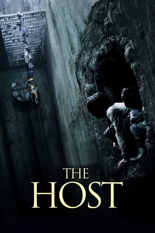 The poster features a man in a green jacket running toward the viewer, with a blurred figure in the background. The muted earthy tones and soft lighting evoke a sense of urgency and motion, while the bold typography of "THE HOST" suggests a thriller or suspense genre.