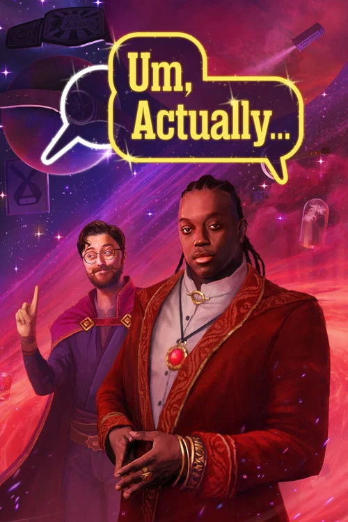This vibrant poster features a diverse cast of characters in dynamic poses against a cosmic backdrop. The deep blue and purple hues create an energetic atmosphere, while the bright yellow speech bubble at the bottom emphasizes the show's playful and humorous tone.