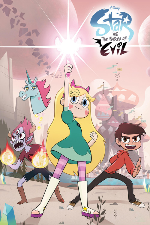The poster features a vibrant, magical scene with a central girl in a green dress and pink boots, surrounded by colorful characters including a blue dragon, a red monster, and a boy in a red shirt. The background is filled with floating balloons and magical lights, creating a whimsical, dreamlike...