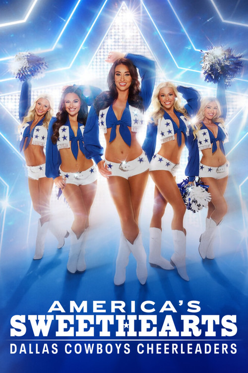 The poster features a group of cheerleaders in matching blue and white uniforms, exuding confidence and energy. The vibrant blue background with sparkling effects adds a festive and glamorous atmosphere, capturing the spirit of the Dallas Cowboys cheerleaders.