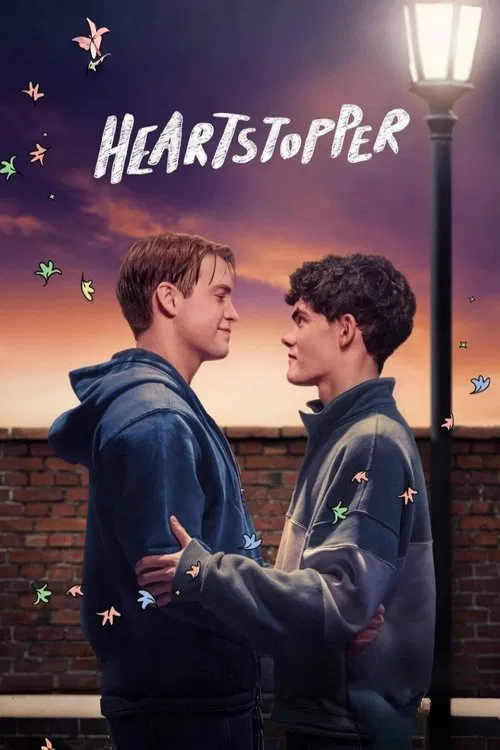 This poster features two students in a split blue and yellow design, creating a playful yet intimate atmosphere. The characters' casual attire and relaxed posture suggest a youthful, friendly vibe. The soft colors and whimsical elements evoke a sense of nostalgia and warmth, capturing the essence...