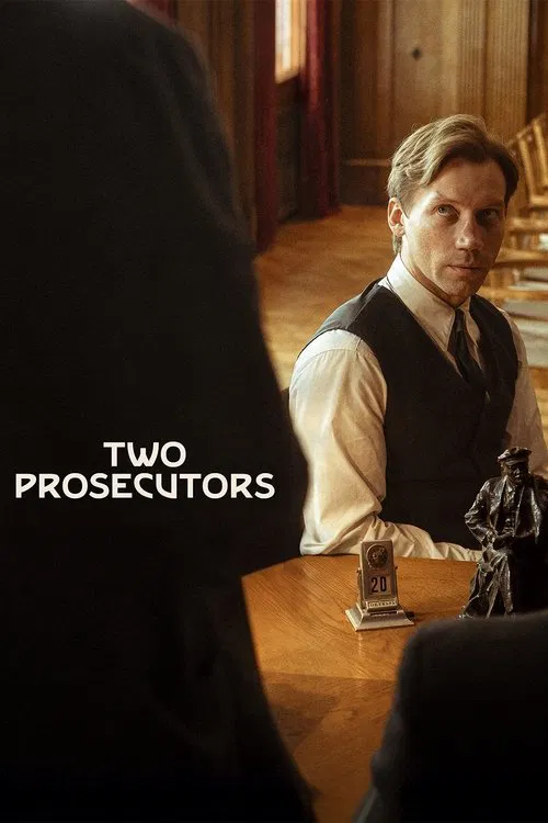 The poster features a man in a dark vest and white shirt, looking intently at another figure whose silhouette looms in the foreground. Warm lighting casts soft shadows, creating an atmosphere of mystery and intrigue. The title "Two Prosecutors" is prominently displayed in bold, white letters.