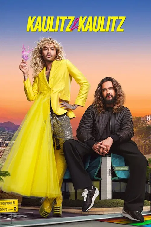 The poster features two characters in vibrant yellow and black, set against a sunset backdrop. The woman holds a purple object, while the man sits beside her, both exuding confidence. The mood is energetic and playful, capturing the essence of the show.