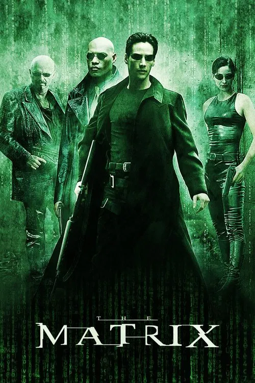 The poster features four characters in a moody, dystopian setting with muted tones and shadows. The central figure in a black trench coat commands attention, while others stand in the background, adding depth and intrigue. The title "MATRIX" glows in blue against the dark backdrop, evoking myster...