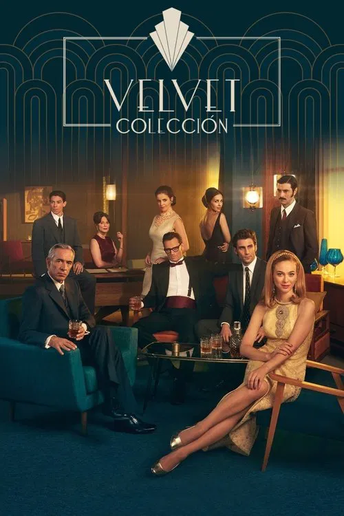 The poster features elegantly dressed characters in a dimly lit, sophisticated room with warm lighting. The muted color palette of deep blues, golds, and blacks creates an intimate and mysterious atmosphere. The group photo captures a sense of camaraderie and timeless elegance, hinting at the sho...