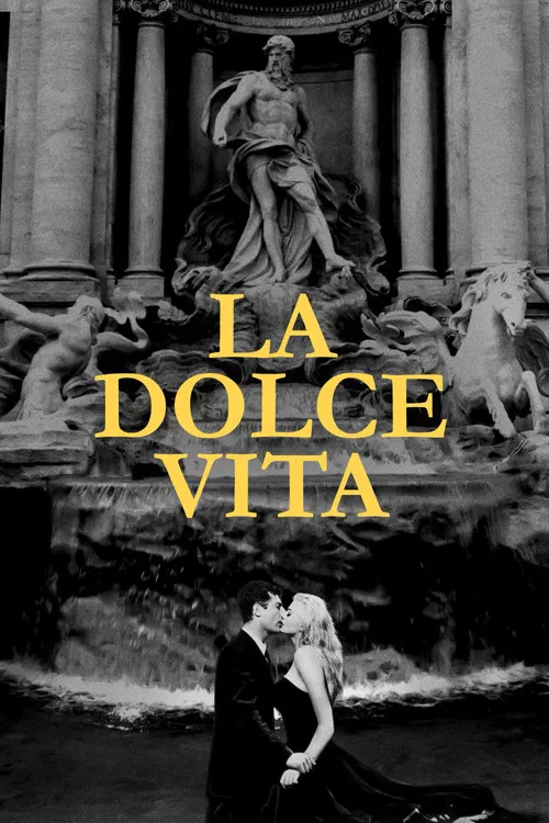 This black-and-white poster captures the essence of "La Dolce Vita" with its iconic marble fountain and elegant figures. The warm, golden tones evoke a sense of leisure and romance, while the stark contrast between the dark figures and bright background emphasizes the film's themes of hedonism an...