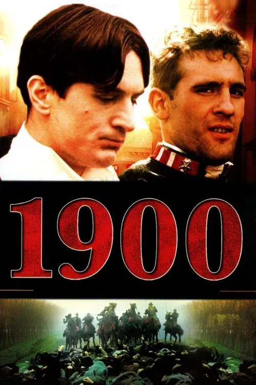 The poster features two men in dramatic poses against a warm, golden background, evoking a sense of historical drama. The bold red "1900" dominates the center, symbolizing the pivotal year of the French Revolution. Below, a dark, moody landscape with silhouettes of figures on horseback adds depth...
